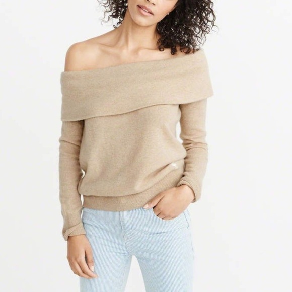 Abercrombie & Fitch Tan Off Shoulder Wool Blend Soft 3/4 Sleeve Sweater Top Sz M - Picture 1 of 12